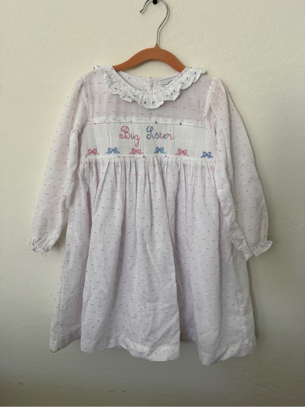 Big Sister White & Pink Embroidered Long-Sleeve Dress